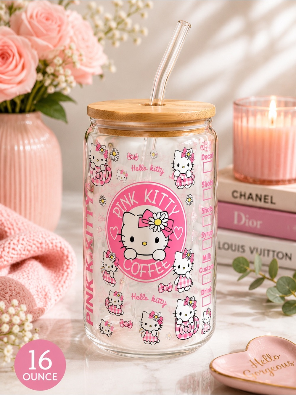 🌸 Pink Kitty Coffee 16 oz Glass Tumbler 🌸